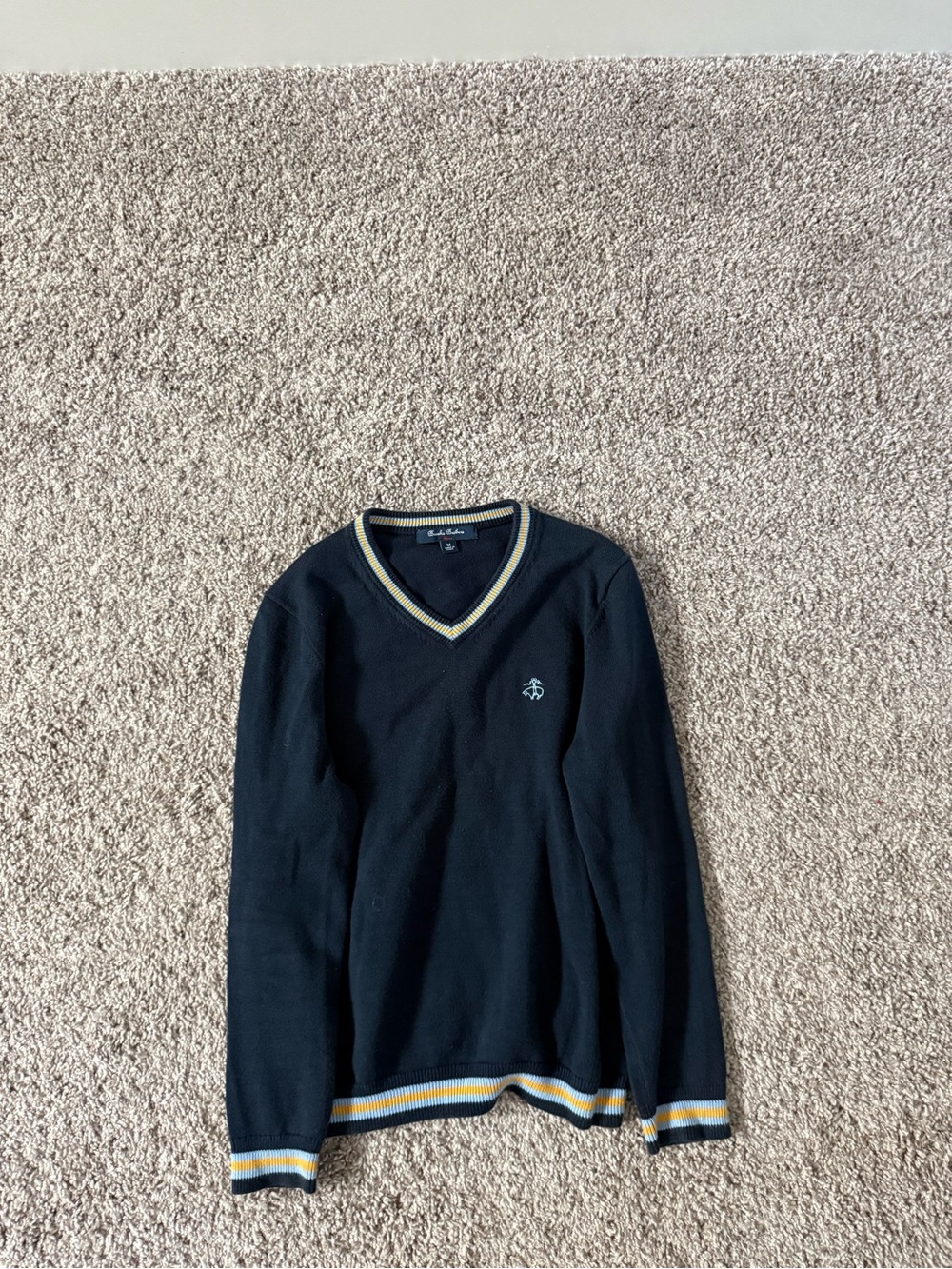 Brooks Brothers Navy V-Neck Sweater with Yellow & White Stripe Trim